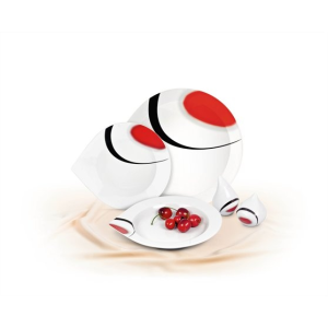 ROTBERG Desszertes tányér, porcelán, 22 cm átmérőjű, ROTBERG, fehér, piros-fekete mintával