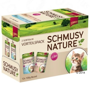 Schmusy Nature Kitten vegyes gazdaságos csomag 12 x 100 g - Borjú, szárnyas, tészta &amp; útifű maghéj + bárány, lazac, rizs &amp; halolaj