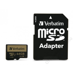 Verbatim Memóriakártya, microSDHC, 64GB, Class 10 UHS I, adapterrel, VERBATIM PRO+ (MVMS64GPP)