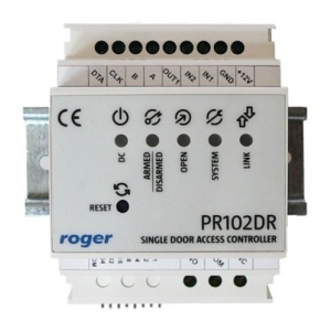 Roger PR102DR 35 mm-es DIN sínre szerelhető beléptetésvezérlő, egy átjáró kétirányú vezérlése, önálló vagy hálózatos működés