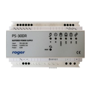 Roger PS-30DR 35 mm-es DIN sínre szerelhető kapcsolóüzemű tápegység, bemenet 230 Vac/50 Hz, 42 W