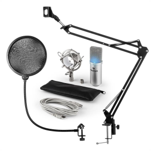 Auna MIC-900S-LED, V4 USB mikrofon készlet, ezüst, kondenzátoros mikrofon, POP szűrő, mikrofonkar, LED