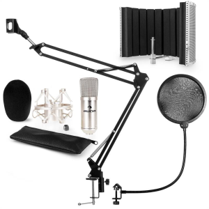Auna CM001S mikrofon készlet V5 kondenzátoros mikrofon, mikrofonkar, pop szűrő, panel, ezüst