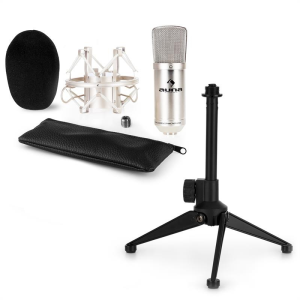 Electronic-Star auna CM001S mikrofon készlet V1 - ezüst stúdió mikrofon pókkal és asztali állvánnyal