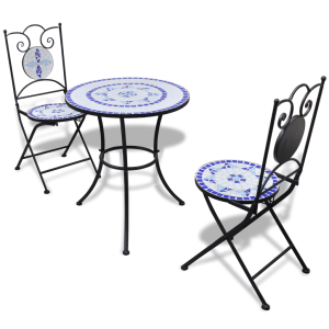 vidaXL Mozaik bisztró asztal 60 cm 2 székkel / kerti bútor kék fehér