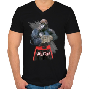 PRINTFASHION Gorilla thai box - Férfi V-nyakú póló - Fekete