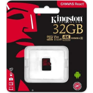 Kingston Memóriakártya, microSDHC, 32GB, C10/U3/V30/A1, 100/70 MB/s, KINGSTON &quot;Canvas React&quot;