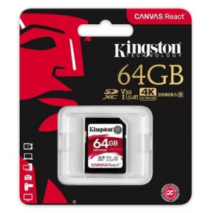 Kingston Memóriakártya, SDXC, 64GB, C10/U3/V30/A1, 100/80 MB/s, KINGSTON &quot;Canvas React&quot;