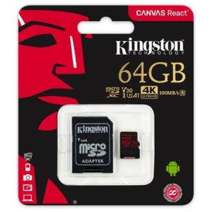 Kingston Memóriakártya, microSDXC, 64GB, C10/U3/V30/A1, 100/80 MB/s, adapter, KINGSTON &quot;Canvas React&quot;