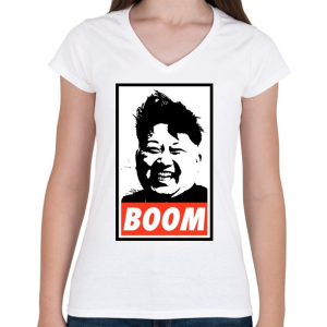 PRINTFASHION Kim Jong Un BOOM - Női V-nyakú póló - Fehér