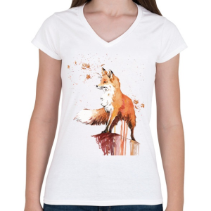 PRINTFASHION Painted Fox - Női V-nyakú póló - Fehér