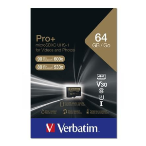 Verbatim Memóriakártya, microSDXC, 64GB, CL10/U3, 90/80 MB/s, adapter, VERBATIM "PRO+"