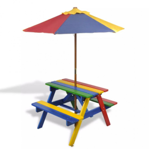 vidaXL Színes fa gyerek piknikasztal paddal és napernyővel