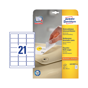 Avery zweckform 63,5*38,1 mm-es Avery Zweckform A4 íves etikett címke, fehér színű (25 ív/doboz)