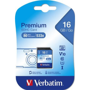 Verbatim Memóriakártya, SDHC, 16GB, CL10/U1, 80/10 MB/s, VERBATIM, &quot;Premium&quot;