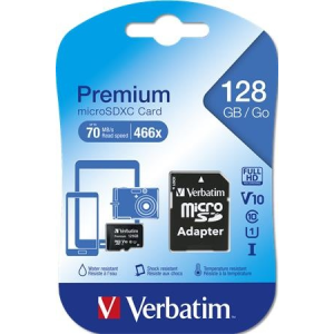 Verbatim Memóriakártya, microSDXC, 128GB, CL10/U1, 90/10 MB/s, adapter, VERBATIM, Premium