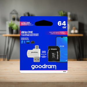 Goodram microSDHC 64GB Class 10 memóriakártya SD adapterrel, Micro USB/USB OTG kártyaolvasóval és Artisjus matricával
