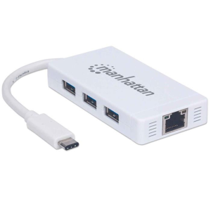 MANHATTAN USB elosztó-HUB, USB-C csatlakozás, 3xUSB 3.0, Gigabit Ethernet adapter, MANHATTAN, fehér