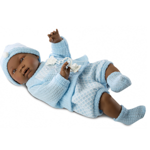 Llorens Csecsemő baba kék ruhában néger 45cm-es