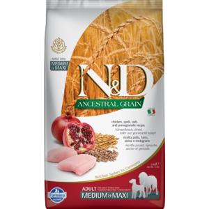 N&D Dog Ancestral Grain Adult Medium&Maxi Csirke, Tönköly, Zab&Gránátalma 2,5kg
