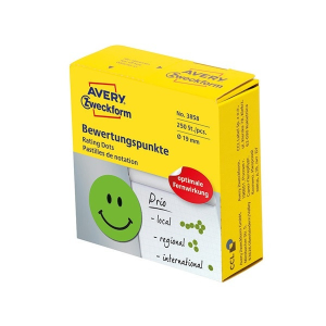 Avery Etikett AVERY 3858 öntapadó jelölőpont adagoló dobozban mosolygós arc mintás zöld 19mm 250 jelölőpont/doboz