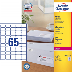 Avery Etikett AVERY L7651-100 38,1x21,2 mm fehér 6500 címke/doboz 100 ív/doboz