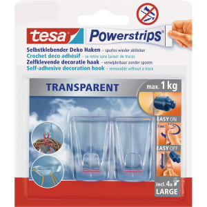 Tesa Powerstrips átlátszó, nyom nélkül eltávolítható akasztók(2 db,4 ragasztó)