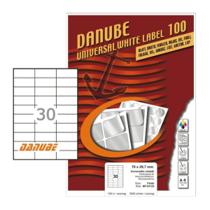 DANUBE 70*29,7 mm Danube A4 íves etikett címke, fehér színű (100 ív/doboz)