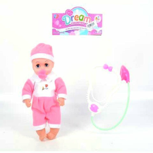MK Toys Rózsaszín ruhás baba sztetoszkóppal 31 cm