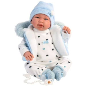 Llorens : Tino 44 cm-es síró baba kapucnis kék mellényben