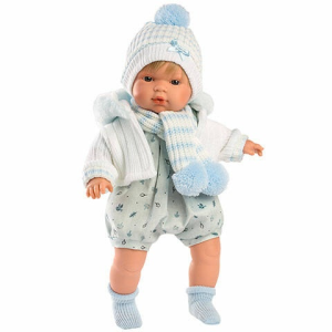 Llorens : Sasha 38 cm-es síró baba kék-fehér sapiban