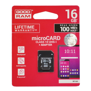 Goodram MEMÓRIAKÁRTYA TransFlash 16GB (microSDHC - Class 10, UHS-1m, M1AA-0160R11 utódja) + SD adapter (M1AA-0160R12/A) (M1AA-0160R12/A)