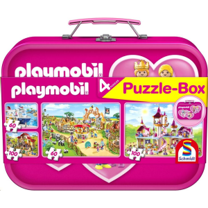 Schmidt Playmobil 2x60, 2x100 db Puzzle Box - Fém kofferben rózsaszín (56498, 17798-184) (Schmidt 56498) - Kirakós, Puzzle