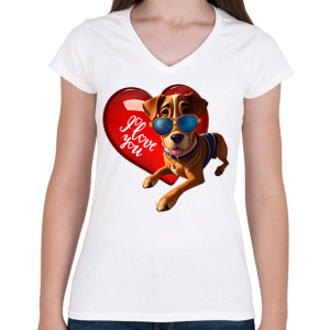PRINTFASHION I Love You - szívecskés kutyás póló minta, ajándék ötlet Valentin napra - Női V-nyakú póló - Fehér