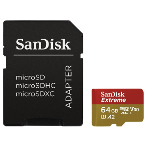 Sandisk 64GB microSDXC Class 10 U3 V30 A2 Extreme + adapterrel