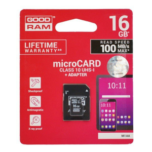 Goodram MEMÓRIAKÁRTYA TransFlash 16GB (microSDHC - Class 10, UHS-1m, M1AA-0160R11 utódja) + SD adapter (M1AA-0160R12/A)