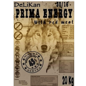 Delikan Prima Energy Red Meat kutyatáp 20kg Fehér zsák .