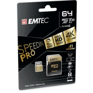 Emtec Memóriakártya, microSDXC, 64GB, UHS-I/U3/V30/A2, 100/95 MB/s, adapter, EMTEC "SpeedIN"