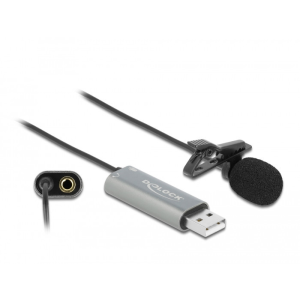 DELOCK USB Tie Lavalier mindenirányú csiptetős mikrofon 24 bit / 192 kHz és 3,5 mm-es sztereo jack f