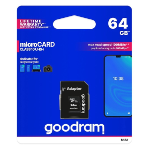 Goodram memóriakártya 64gb (microsdxc, class 10, uhs-i 1, m1aa-0640r11 utód) + sd adapter m1aa-0640r12