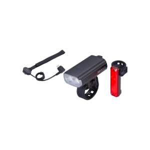 BBB Cycling kerékpáros lámpa szett BLS-174 StrikeDuo Combo, 1200 és 20 lumen, 7 és 5 mód, USB-C és micro USB tölthető 3200 és 300 mAh akku (első és hátsó)