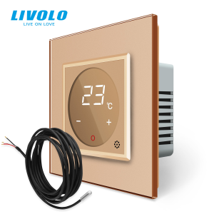 LIVOLO C77STMG LIVOLO érintős hőmérséklet kapcsoló, termosztát, padlóérzékelő szenzorral, 240V 16A, arany kristályüveg